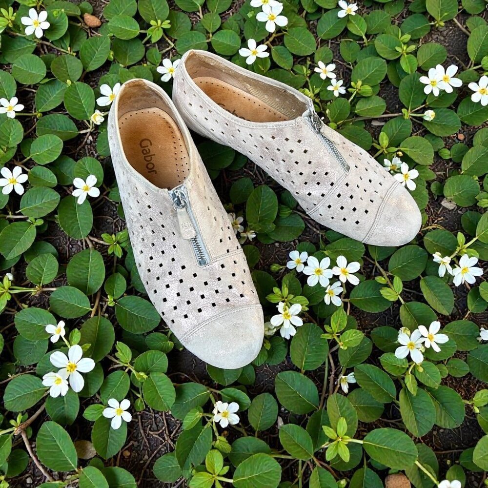 Gabor Hovercraft Perforated Zip Up Shoes Gold Beige Size UK 7.5 US 10